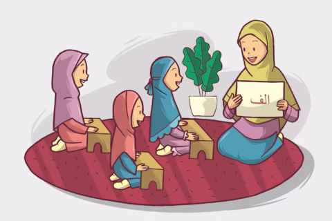 muslim-girls-group-studying-together-hand-drawn-art_175462-327